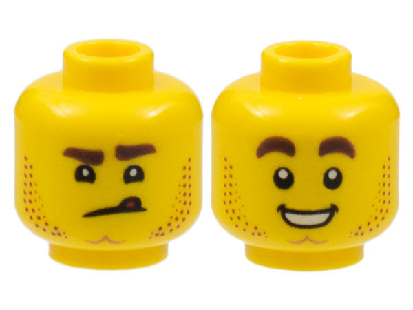 Minifigure, Head Dual Sided Stubble, Dimpled Chin, Angry Scowl with Tongue / Smile with Teeth Pattern - Hollow Stud