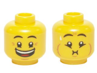 LEGO part Minifigure, Head Dual Sided Eyebrows, Crow's Feet, Open Mouth Big Smile / Queasy Expression with Sweat Drop Pattern - Hollow Stud 3626pb2491