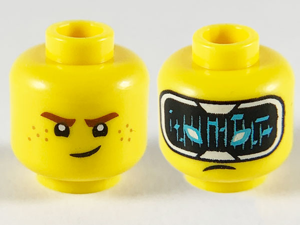 Minifigure, Head Dual Sided Reddish Brown Eyebrows, Medium Nougat Freckles / HUD with Black Screen, Medium Azure Highlights Pattern - Hollow Stud