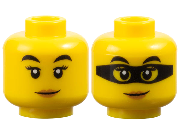 Minifigure, Head Dual Sided Female Black Eyebrows, Eyelashes, Medium Nougat Lips, Lopsided Grin / Black Mask Pattern - Hollow Stud