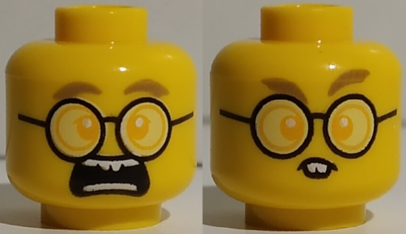 LEGO part Minifigure, Head Dual Sided Dark Tan Eyebrows, Bright Light Orange Eyes, Round Glasses, Scared / Rodent Teeth Pattern - Hollow Stud 3626pb2590