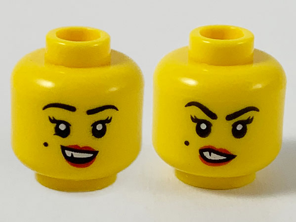 Minifigure, Head Dual Sided Female, Black Eyebrows and Beauty Mark on Right Cheek, Red Lips and Chipped Tooth, Smile / Sneer Pattern - Hollow Stud