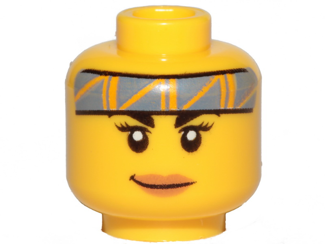 LEGO part Minifigure, Head Female Black Eyebrows, Medium Nougat Lips, Sand Blue Headband with Bright Light Orange Stripes, Smile Pattern - Hollow Stud 3626pb2618