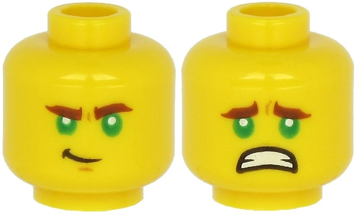 Minifigure, Head Dual Sided Reddish Brown Thick Eyebrows, Green Eyes, Chin Dimple, Lopsided Grin / Scared with Teeth Pattern - Hollow Stud