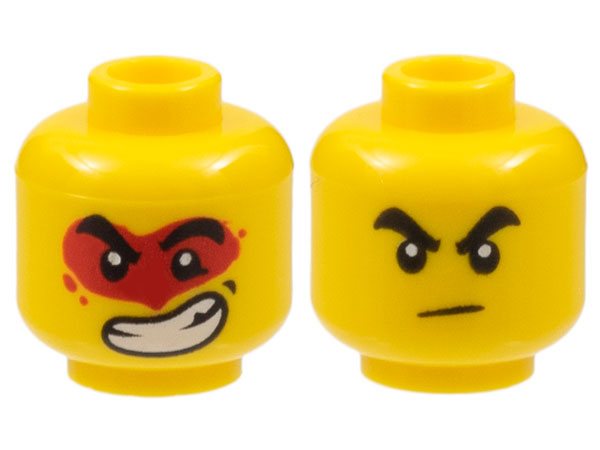 Minifigure, Head Dual Sided Black Thick Eyebrows, Frown / Large Lopsided Open Mouth Grin with Teeth, Red Paint Splotch Around Eyes Pattern - Hollow Stud