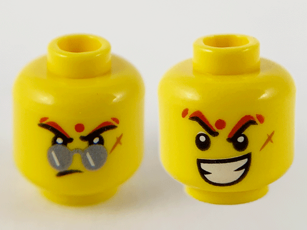 LEGO part Minifigure, Head Dual Sided Sunglasses, Dot, Scar, Lopsided Frown / Raised Eyebrows, Wide Open Mouth Grin with White Teeth Pattern - Hollow Stud 3626pb2644