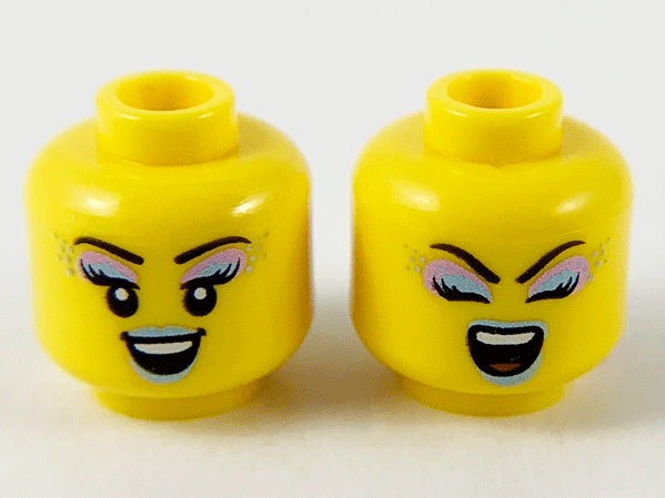 Minifigure, Head Dual Sided Female, Metallic Light Blue and Purple Eye Shadow and Lips, Open Smile / Singing Eyes Closed Open Mouth Pattern - Hollow Stud