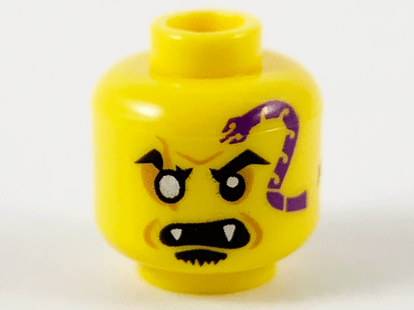 Minifigure, Head Dark Purple Snake Tattoo, Gold Right Eye, Open Mouth with Fangs, Black Soul Patch Pattern - Hollow Stud