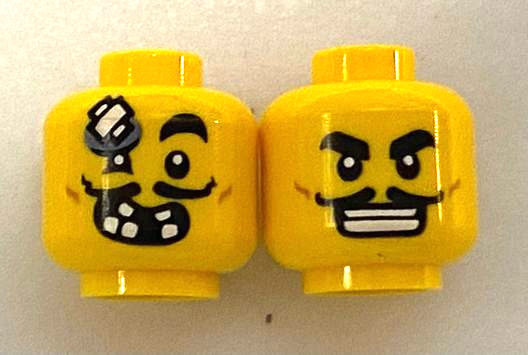 LEGO part Minifigure, Head Dual Sided Black Eyebrows, Moustache, Open Mouth Grin, White Teeth / Bandage on Forehead Pattern - Hollow Stud 3626pb2900