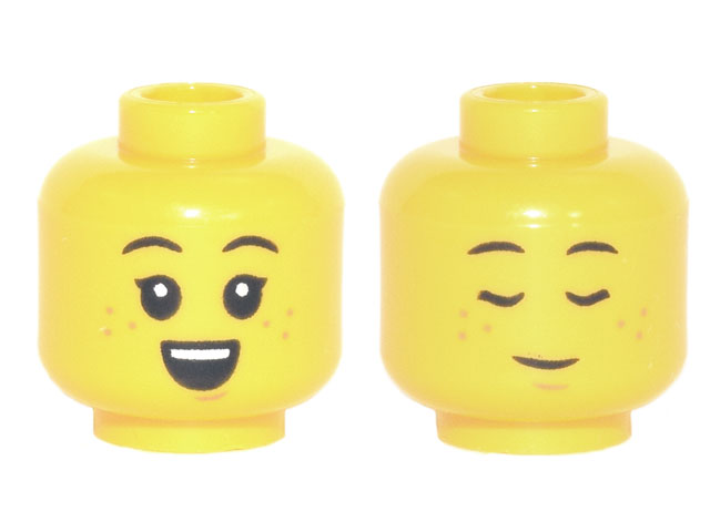Minifigure, Head Dual Sided Child, Black Eyebrows, Nougat Freckles and Chin Dimple, Small Open Mouth Smile with Top Teeth / Sleeping Pattern - Hollow Stud