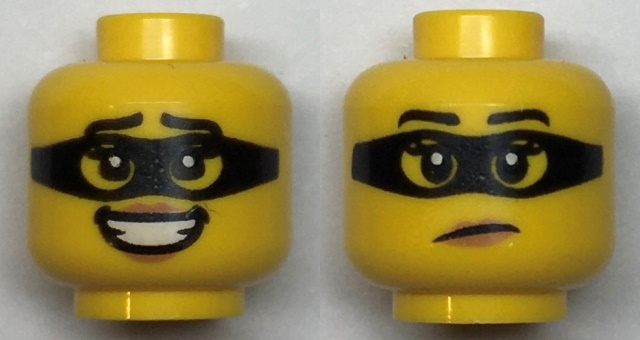 Minifigure, Head Dual Sided Female Black Eyebrows and Mask, Medium Nougat Lips, and Open Mouth Smile with Teeth / Frown Pattern - Hollow Stud