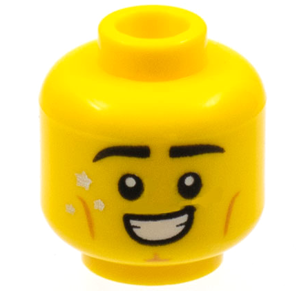 LEGO part Minifigure, Head Black Eyebrows, Gold Stars, Medium Nougat Cheek Lines and Cleft Chin, Smile with Teeth Pattern - Hollow Stud 3626pb2968