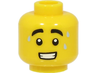 Minifigure, Head Black Thick Eyebrows, 3 Bright Light Blue Sweat Drops, Open Mouth with Teeth Pattern - Hollow Stud