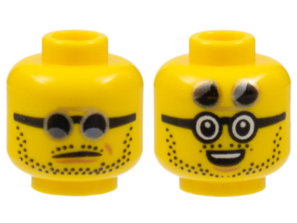 Minifigure, Head Dual Sided Black and Gold Sunglasses, Stubble, Neutral / Open Mouth Smile with Raised Lenses Pattern - Hollow Stud
