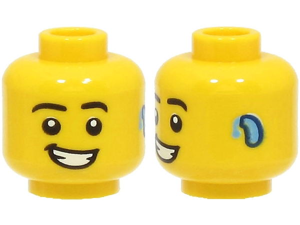 LEGO part Minifigure, Head Black Eyebrows, Open Mouth Smile with Teeth, Hearing Aid Pattern - Hollow Stud 3626pb3081