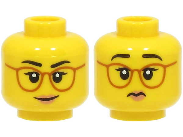Minifigure, Head Dual Sided Female, Black Eyebrows, Dark Orange Glasses, Peach Lips, Smile / Frown Pattern - Hollow Stud