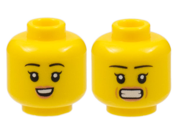 LEGO part Minifigure, Head Dual Sided Female, Black Eyebrows, Peach Lips, Small Smile with Teeth / Stressed Pattern - Hollow Stud 3626pb3096