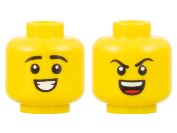 Minifigure, Head Dual Sided Black Eyebrows, Smile with Teeth / Angry with Teeth and Tongue Pattern - Hollow Stud