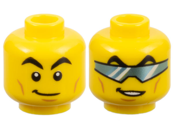 LEGO part Minifigure, Head Dual Sided Black Arched Eyebrows, Cheek Lines and Chin Dimple, Lopsided Grin / Metallic Light Blue Glasses (Visor) Pattern - Hollow Stud 3626pb3197