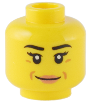 Minifigure, Head Female Black Eyebrows, Eyelashes, Medium Nougat Dimples, Nougat Lips, Grin Pattern - Hollow Stud