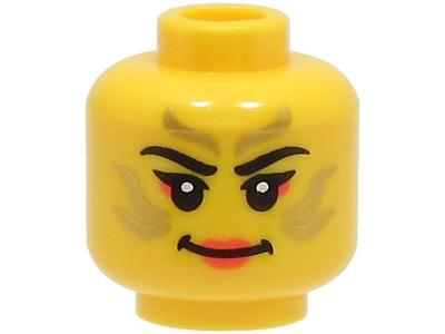 Minifigure, Head Female Black Eyebrows, Gold Stripes Face Paint, Coral Lips and Eye Shadow, Smile Pattern - Hollow Stud (BAM)