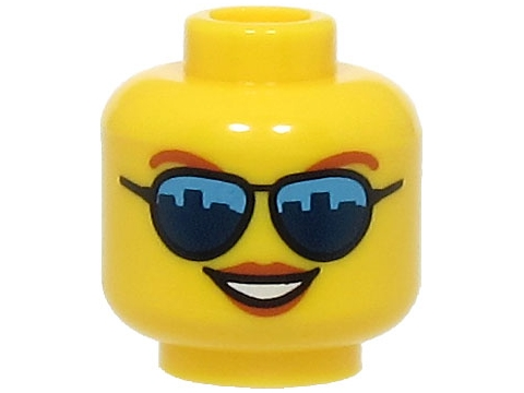 Minifigure, Head Female Dark Orange Eyebrows and Lips, Sunglasses with Dark Blue Skyline Reflections, Open Mouth Smile with Teeth Pattern - Hollow Stud (BAM)
