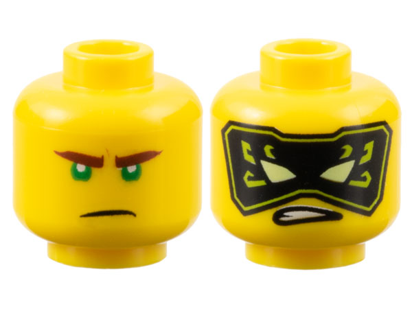 Minifigure, Head Dual Sided Reddish Brown Eyebrows, Green Eyes, Frown / Black and Lime Mask with Yellowish Green Eyes Pattern - Vented Stud