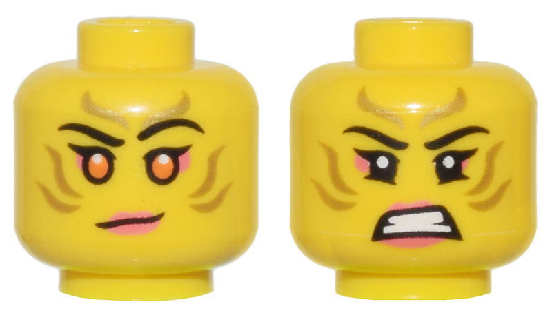 Minifigure, Head Dual Sided Female Gold Stripes Face Paint, Coral Lips and Eye Shadow, Orange Eyes, Lopsided Grin / Bared Teeth Pattern - Vented Stud