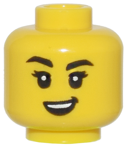 Minifigure, Head Female, Black Eyebrows One Raised, White Pupils, and Open Mouth Crooked Smile Pattern - Vented Stud