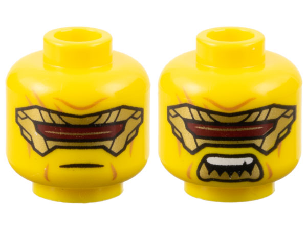LEGO part Minifigure, Head Dual Sided Gold Eye Mask with Dark Red Visor, Medium Nougat Wrinkles, Neutral / Open Mouth with Sharp Teeth Pattern - Vented Stud 3626pb3402