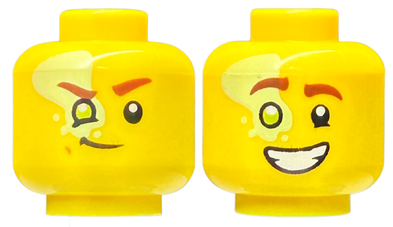 Minifigure, Head Dual Sided Reddish Brown Eyebrows, Lime Right Eye with Yellowish Green Splotch, Smirk / Open Mouth Smile with Teeth Pattern - Vented Stud