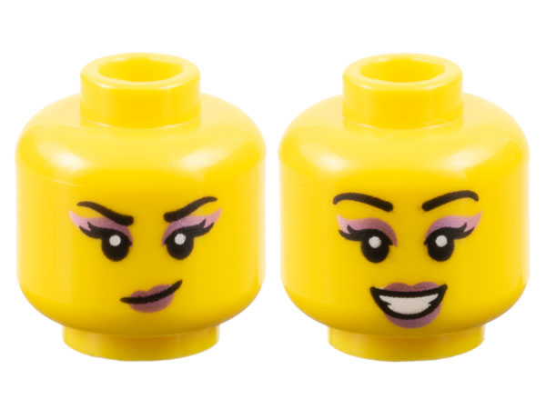 Minifigure, Head Dual Sided Female Black Eyebrows and Eyelashes, Metallic Pink Eye Shadow and Lips, Smirk / Open Mouth Smile with Teeth Pattern - Vented Stud