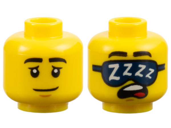 Minifigure, Head Dual Sided Black Eyebrows, Medium Nougat Chin Dimple, Neutral with Eyelids / Sleeping with Open Mouth, Dark Blue Sleep Mask with White 'ZZZZ' Pattern - Vented Stud