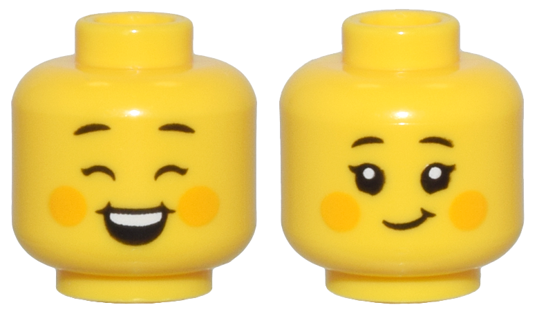 Minifigure, Head Dual Sided Female Black Eyebrows, Bright Light Orange Cheek Spots, Closed Eyes, Open Mouth Smile / Closed Mouth Smile Pattern - Vented Stud