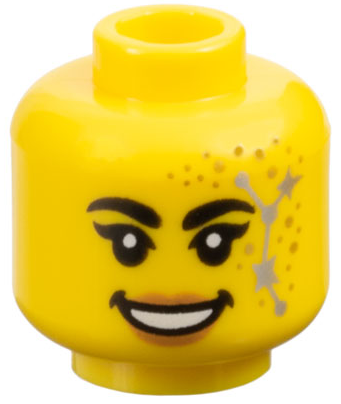 Minifigure, Head Female Black Thick Eyebrows and Single Eyelashes, Nougat Lips, Gold Dots, Silver Stars Constellation, Open Mouth Smile with Teeth Pattern - Vented Stud