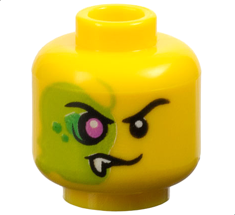 Minifigure, Head Alien Black Eyebrows, Evil Grin Left, Lime Face with Magenta Eye, Bright Green Scales, and White Fang Right Pattern - Vented Stud