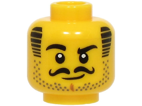 Minifigure, Head Black Eyebrows, Curly Moustache, and Striped Sideburns, Dark Tan Stubble, Medium Nougat Chin Dimple, Grin Pattern - Vented Stud