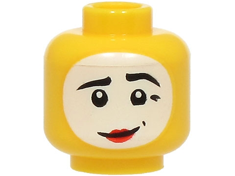 Minifigure, Head Black Eyebrows, White Face Paint, Red Lips, Dimples, Lopsided Grin Pattern - Vented Stud (BAM)