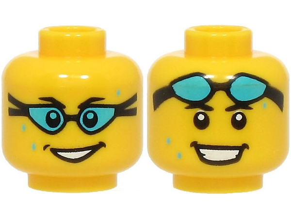 Minifigure, Head Dual Sided Black Eyebrows, Open Mouth Smile, Medium Azure Water Drops, Swim Goggles over Eyes / on Forehead Pattern - Vented Stud (BAM)