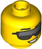Minifigure, Head Black Eyebrows, Dark Bluish Gray and Dark Silver Sunglasses, Lopsided Open Mouth Smile with Teeth Pattern - Vented Stud