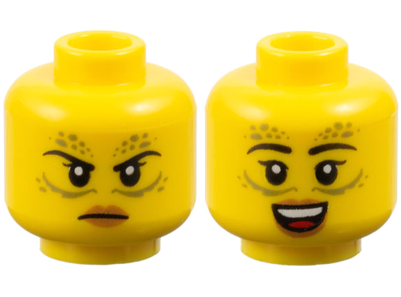 LEGO part Minifigure, Head Dual Sided Female Black Eyebrows, Olive Green Spots and Lines, Medium Nougat Lips, Angry Frown / Open Mouth Smile Pattern - Vented Stud 3626pb3671