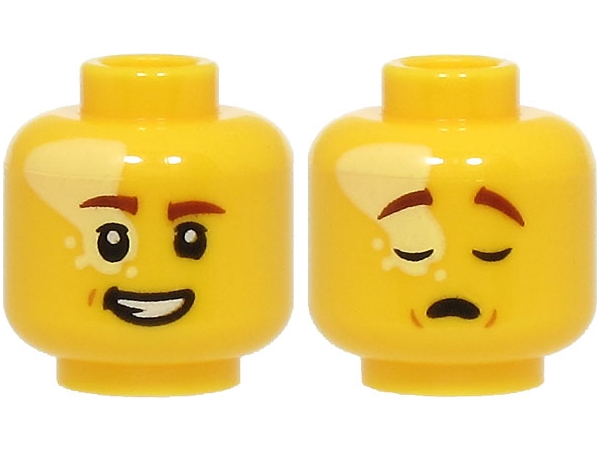 LEGO onderdeel Minifigure, Head Dual Sided Reddish Brown Eyebrows, Bright Light Yellow Splotch, Open Mouth Smile with Teeth / Sleeping Pattern - Vented Stud (BAM) 3626pb3684