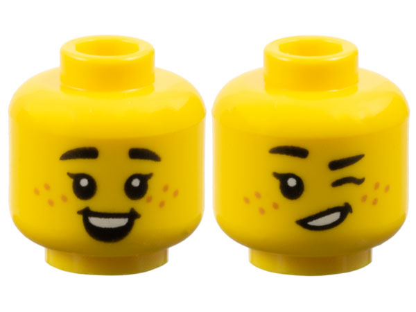 LEGO part Minifigure, Head Dual Sided Child Female Black Small Thick Eyebrows, Single Eyelashes, Medium Nougat Freckles, Open Mouth Smile with Dimples and Top Teeth / Winking Pattern - Vented Stud 3626pb3767