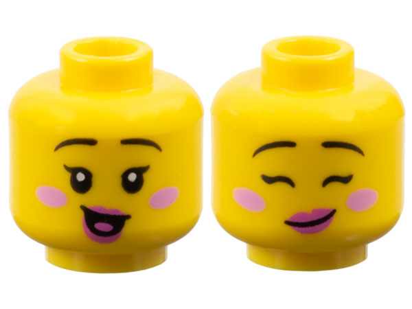 LEGO part Minifigure, Head Dual Sided Female Black Thin Eyebrows, Single Eyelashes, Bright Pink Cheeks, Dark Pink Lips, Open Mouth Smile with Tongue / Lopsided Grin with Eyes Closed Pattern - Vented Stud 3626pb3768