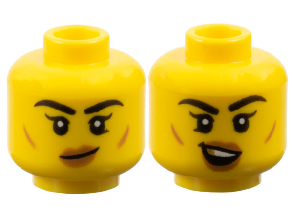LEGO part Minifigure, Head Dual Sided Female Black Thick Eyebrows, Single Eyelashes, Lower Eyelid, Medium Nougat Small Cheek Lines and Lips, Lopsided Grin / Open Mouth Smile with Top Teeth and Gold Tooth Pattern - Vented Stud 3626pb3772