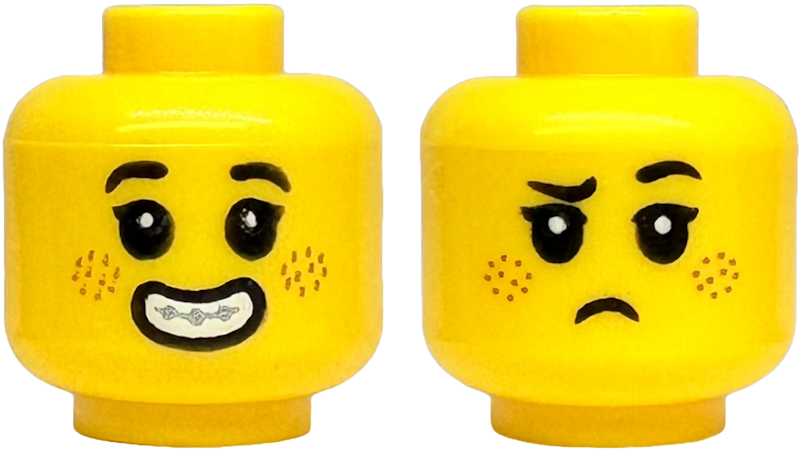 Minifigure, Head Dual Sided Child Black Eyebrows and Eyelashes, Nougat Freckles, Open Mouth Smile with Teeth and Silver Braces / Frown Pattern