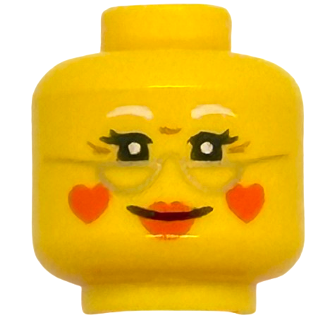 Minifigure, Head Female White Eyebrows, Black Double Eyelashes, Gold Glasses, Red Lips and Hearts on Cheeks, Grin Pattern (BAM)