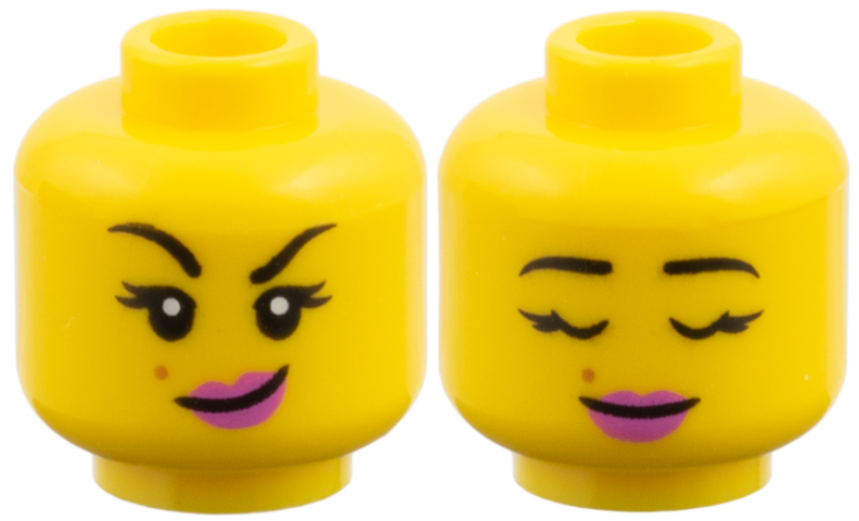 Minifigure, Head Dual Sided, Black Eyebrows, Medium Nougat Mole, Dark Pink Lips, Lopsided Grin / Closed Eyes Pattern