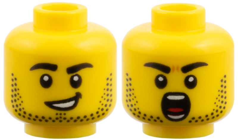 Minifigure, Head Dual Sided, Black Eyebrows and Stubble / Lopsided Smile / Shouting Pattern