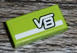 Tile 1 x 2 with White Stripe and 'V8' on Lime Background Pattern (Sticker) - Set 8152